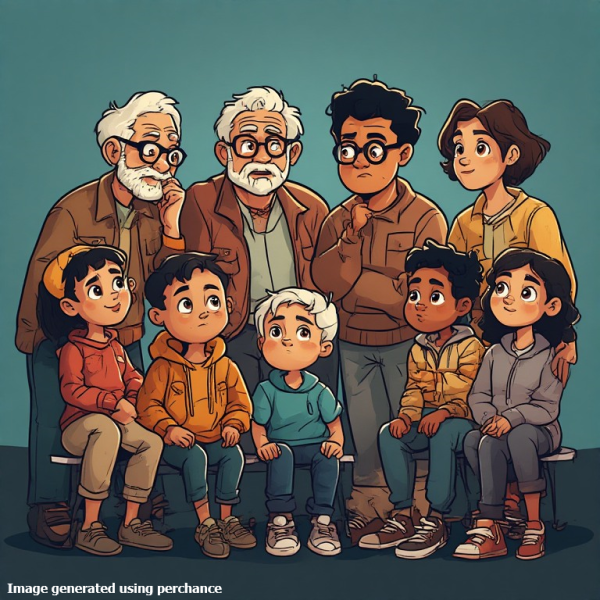 A diverse group of seniors, young adults and children appearing to be in thought.