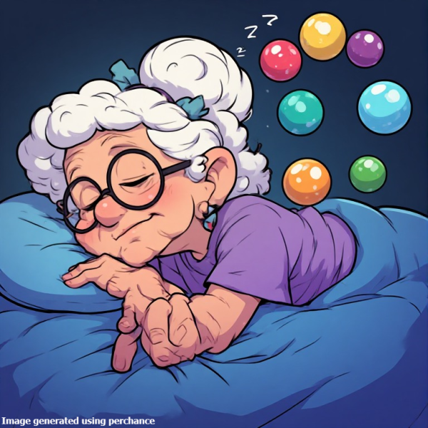 Cartoon elderly lady sleeping with marbles slipping around her head.
